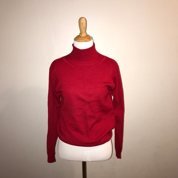 Vintage 1980s Red Comfy Wool MockNeck Sweater - Picture 2 of 6